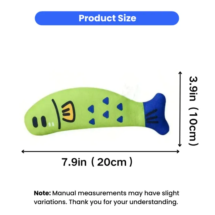 Cartoon Fish Catnip Toy Size Guide for Cats Size chart of cartoon fish catnip toy measuring 7.9 inches and 3.9 inches for cats