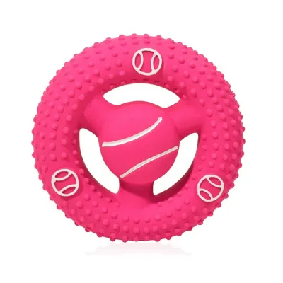 Pink textured squeaky dog flying disc toy with tennis ball design