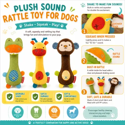 Plush squeaky dog toy with built in rattle soft plush material and interactive chewing features