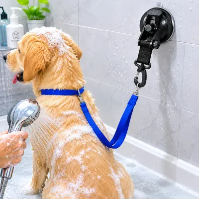 Dog Bathing Restraint Leash with Strong Suction Cup Golden retriever using pet bathing restraint leash with suction cup during bath time
