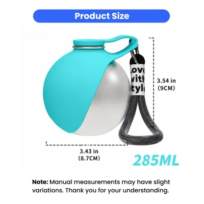285ml Portable Dog Water Bottle Size and Capacity 285ml portable dog water bottle dimensions with foldable silicone drinking bowl and compact design