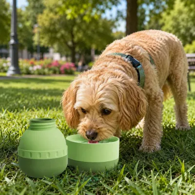 Dog Drinking Water from Portable Travel Water Bottle Outdoors Cute dog drinking water outdoors using a portable pet water bottle with detachable bowl