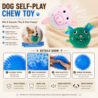 Interactive Dog Self Play Squeaky Chew Toy Interactive plush dog self-play chew toy with squeaker and textured TPR massage ball