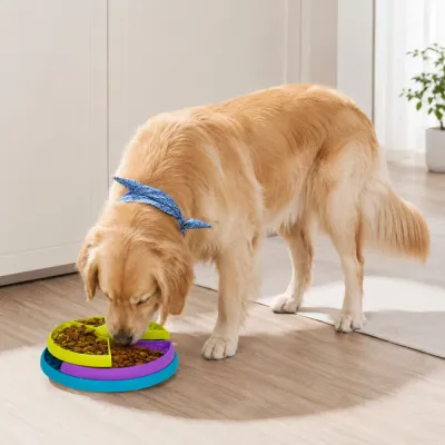 Golden retriever eating from colorful rotating slow feeder puzzle bowl indoors