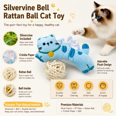 Interactive plush silvervine cat toy with crinkle paper, bell inside, and rattan ball for kitten enrichment and teeth cleaning