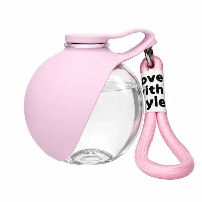 Transparent Soft Pink Portable Dog Water Bottle Design Transparent portable dog water bottle with soft pink foldable silicone water bowl and carrying strap