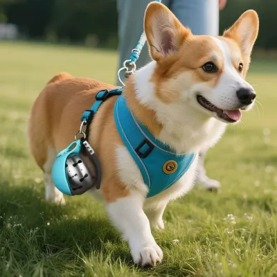 Corgi Wearing Portable Dog Water Bottle During Outdoor Walk Happy corgi walking outdoors while carrying a portable foldable dog water bottle on its harness