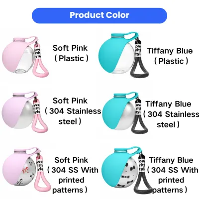 Wholesale Portable Pet Water Bottle Color Options | Plastic & 304 Stainless Steel | Petfairs Portable pet water bottle color options including soft pink and Tiffany blue in plastic, 304 stainless steel, and printed pattern styles for dogs and cats.