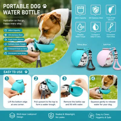 Foldable Portable Dog Water Bottle Product Features and Usage Guide Portable dog water bottle feature infographic showing foldable bowl, leakproof design, and easy operation steps