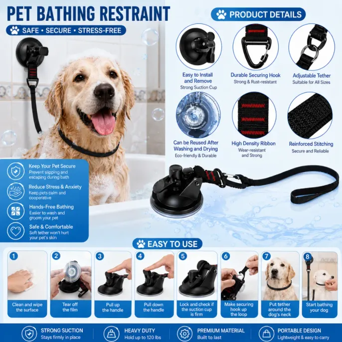 Heavy Duty Pet Bathing Restraint for Safe Dog Grooming Heavy duty pet bathing restraint with suction cup and adjustable leash for secure dog bathing