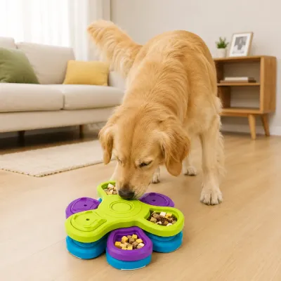Golden Retriever Playing with Interactive Slow Feeder Puzzle Toy Golden Retriever using rotating slow feeder puzzle toy indoors for slow eating and enrichment training