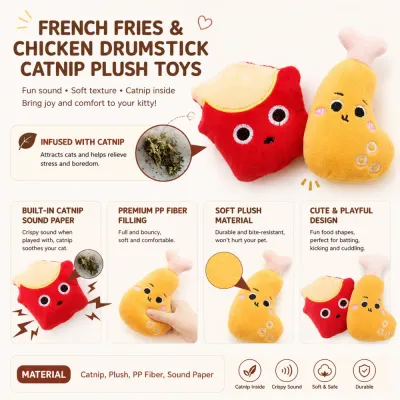 French Fries and Chicken Drumstick Catnip Plush Toys Product Details Soft plush catnip cat toys with PP fiber filling sound paper and cute food design for cats