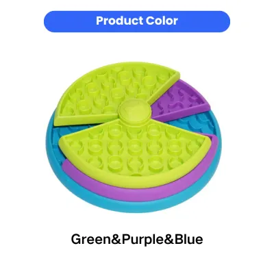 Green purple and blue rotating slow feeder dog bowl with interactive puzzle design for pets
