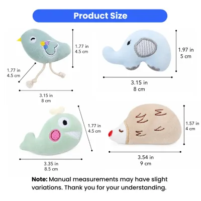 Small Catnip Plush Toy Size Chart Size guide for bird, elephant, whale and hedgehog catnip plush toys with inch and cm measurements