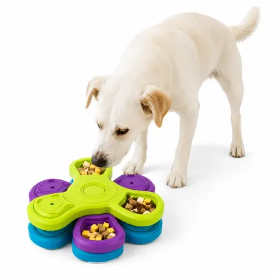 Interactive 3-Layer Rotating Slow Feeder Dog Puzzle Toy Dog using interactive 3-layer rotating slow feeder puzzle toy with hidden treat compartments for mental stimulation and slow eating