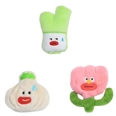 Cute vegetable-shaped catnip plush cat toys including cabbage, garlic, and flower designs for interactive cat play and pet store wholesale