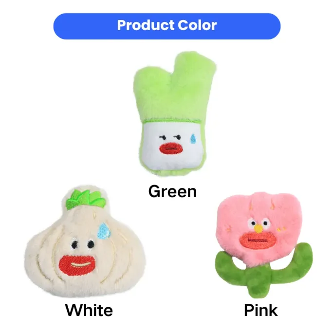 Color Options for Catnip Plush Cat Toys Wholesale | Petfairs Green cabbage, white garlic, and pink flower catnip plush cat toys available in multiple colors for wholesale pet supplies
