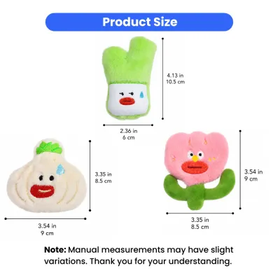 Size dimensions of vegetable-themed catnip plush cat toys with inch and centimeter measurements for wholesale buyers