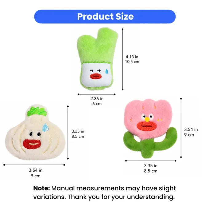 Catnip Plush Cat Toy Size Chart for Retailers | Petfairs Size dimensions of vegetable-themed catnip plush cat toys with inch and centimeter measurements for wholesale buyers