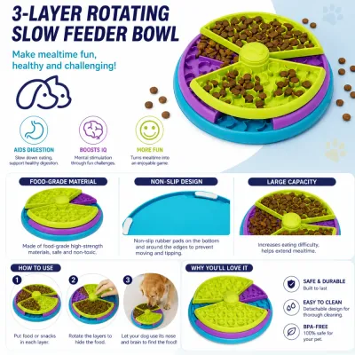 3 layer rotating slow feeder dog bowl with non slip design and food grade material