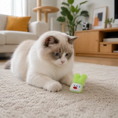 Fluffy indoor cat playing with a green vegetable-shaped catnip plush toy on a living room carpet