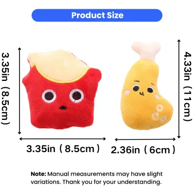 Catnip Plush Cat Toy Size Chart with Inch and CM Measurements French fries and chicken drumstick catnip plush cat toy size dimensions in inches and centimeters
