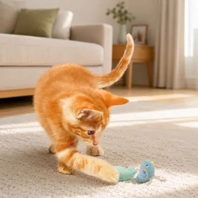 Indoor Kitten Playing with Catnip Plush Toys Ginger kitten playing with soft catnip plush toys on living room carpet