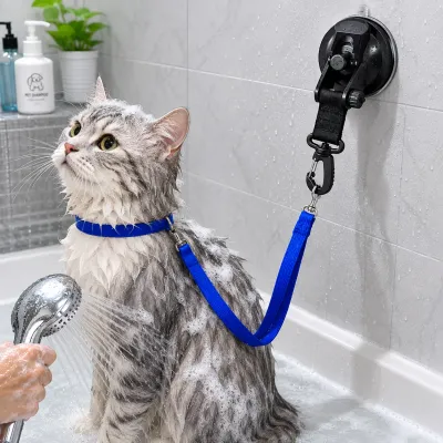 Cat Bathing Restraint Suction Cup Leash for Grooming Cat secured with adjustable bathing restraint leash and suction cup during grooming and bath