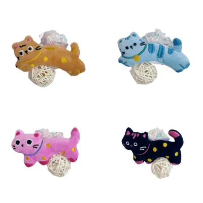 Wholesale Silvervine Bell Rattan Ball Cat Toys Color Collection Four color options of plush silvervine bell rattan ball cat toys for cats, including yellow, blue, pink, and black styles