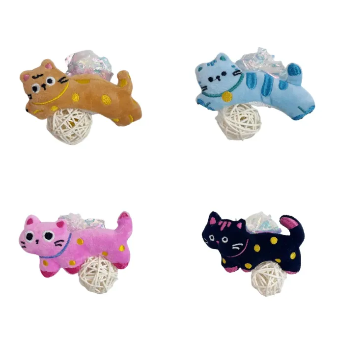 Four color options of plush silvervine bell rattan ball cat toys for cats, including yellow, blue, pink, and black styles