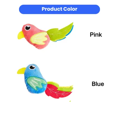 Simulated Bird Catnip Plush Toy Color Options Pink Blue Pink and blue simulated bird catnip plush toys with colorful feather tails for cats