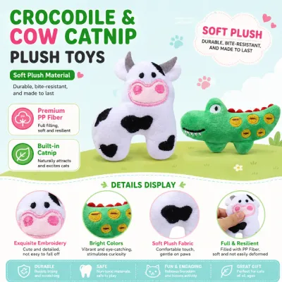 Soft plush crocodile and cow catnip toys with PP fiber filling and embroidered details
