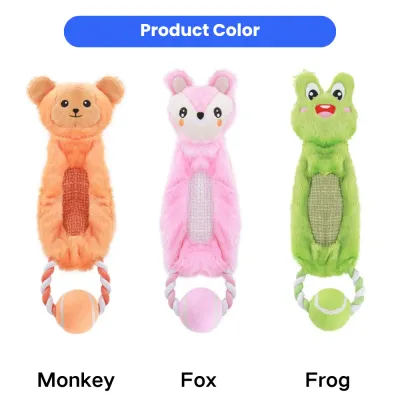 Plush Animal Tennis Rope Dog Toy Color Options Monkey fox and frog plush dog toys with rope ring tennis ball in multiple colors