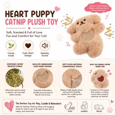Heart Puppy Catnip Plush Toy with Crinkle Paper for Cats Heart puppy catnip plush toy with crinkle paper squeaky sound and soft plush material for cats