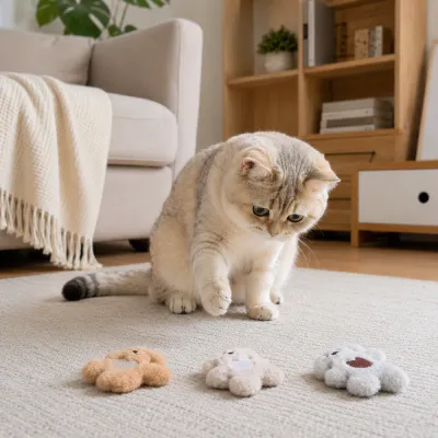 Indoor Cat Playing with Heart Puppy Catnip Plush Toys Indoor cat playing with soft heart puppy catnip plush toys on living room carpet