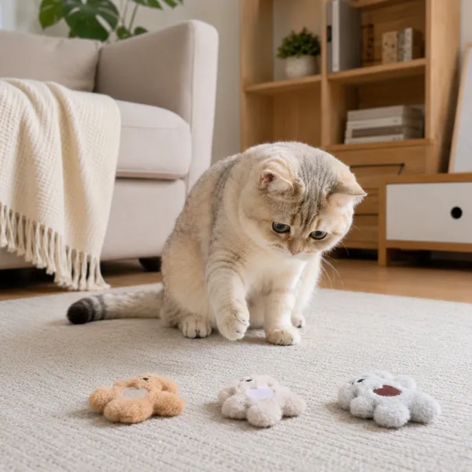 Indoor Cat Playing with Heart Puppy Catnip Plush Toys Indoor cat playing with soft heart puppy catnip plush toys on living room carpet