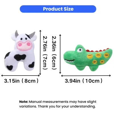 Size dimensions of crocodile and cow plush catnip cat toys in inches and centimeters