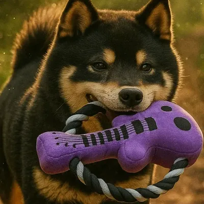 Black Shiba Inu dog holding purple guitar rope plush squeaky toy outdoors
