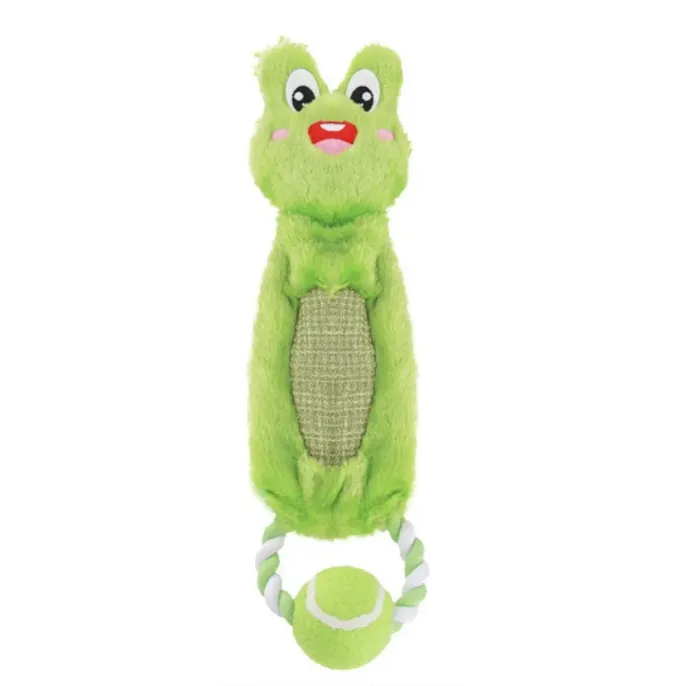 Frog Plush Tug Rope Dog Toy for Dogs Green frog plush dog toy with tennis ball and rope pull ring