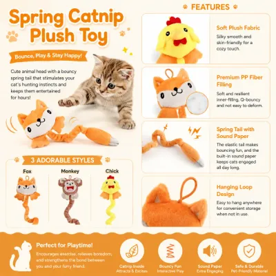 Spring Catnip Plush Toy Features for Interactive Cat Play Interactive spring tail catnip plush toy with PP fiber filling sound paper and soft plush fabric
