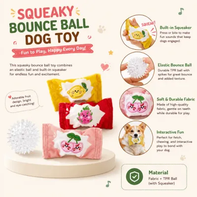 Fruit-themed squeaky bounce ball dog toys featuring built-in squeaker, elastic TPR ball, and soft fabric material