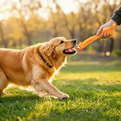 Outdoor Tug Play with Plush Rope Dog Toy Golden retriever playing tug of war with plush rope tennis dog toy outdoors
