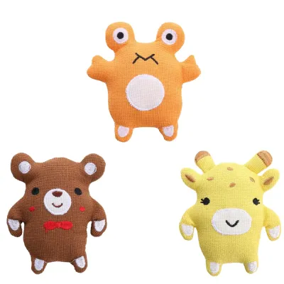 Cute animal-shaped catnip plush cat toys in orange frog, brown bear, and yellow giraffe designs for indoor cat play