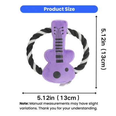 Size chart of purple guitar rope plush dog toy measuring 5.12 inches