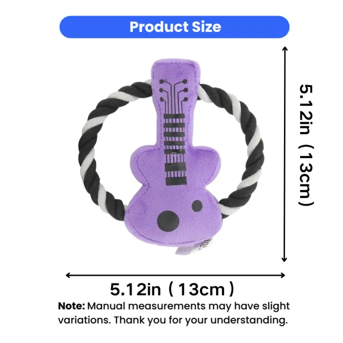 Guitar Rope Plush Dog Toy Size Guide 5.12in | Petfairs Size chart of purple guitar rope plush dog toy measuring 5.12 inches