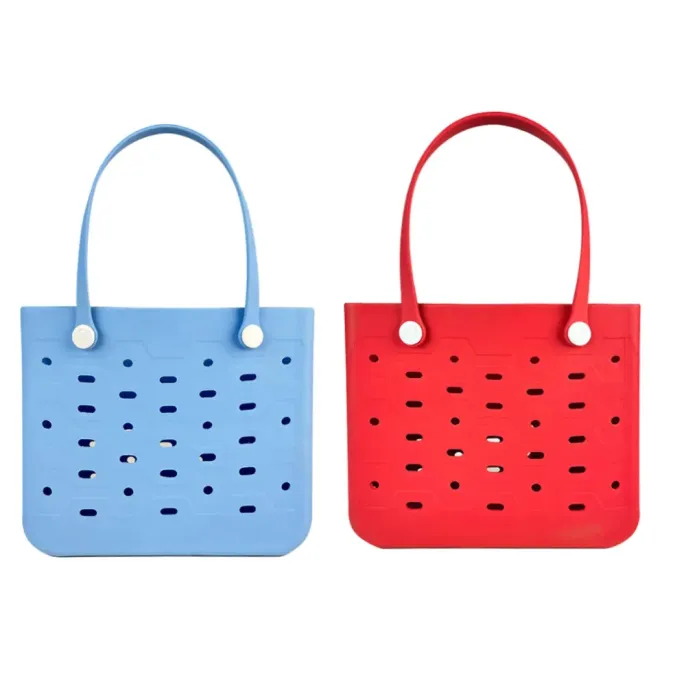 Blue and red EVA DIY pet travel bags with breathable ventilation holes and soft carry handles
