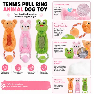 Squeaky Plush Tennis Pull Ring Dog Toy Features Interactive plush dog toy with squeaker tennis ball rope and linen fabric material