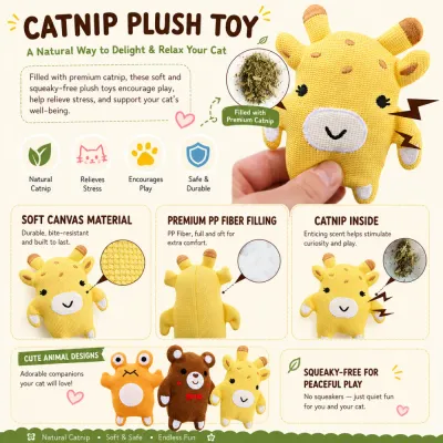 Gray indoor cat playing with frog, bear, and giraffe catnip plush toys on a living room carpet