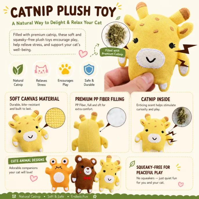 Gray indoor cat playing with frog, bear, and giraffe catnip plush toys on a living room carpet
