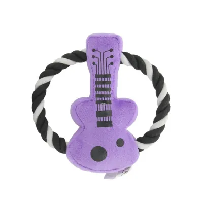 Purple guitar-shaped rope plush dog toy with squeaker for chewing and tugging play
